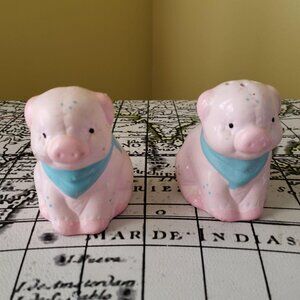 Vintage Ceramic Pig Salt & Pepper Shaker Set Pink With Blue Scarves 3 Inches
